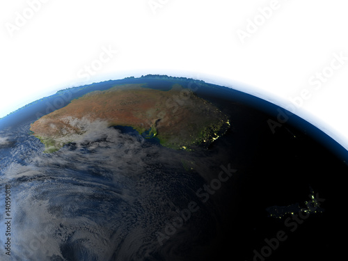 Australia and New Zealand at night on planet Earth
