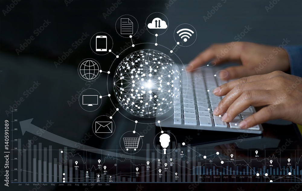 Foto de Man using computer payments online shopping and icon customer ...