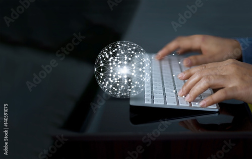 Man using keyboard with abstract global network connection customer on screen, m-banking and online shopping  concept