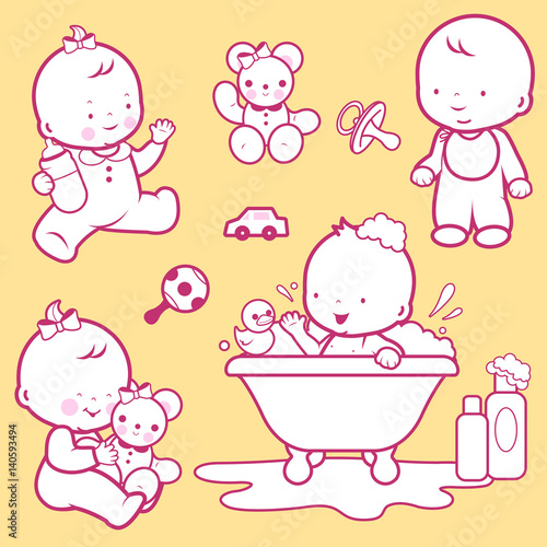Babies taking a bath, playing and drinking milk. Vector illustration
