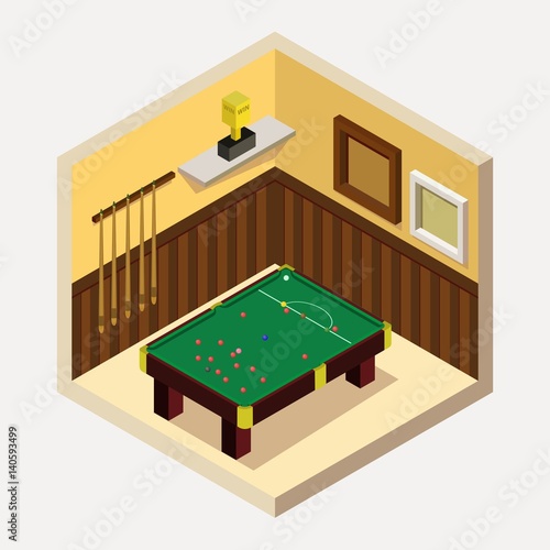 Vector isometric billiard room icon. Room includes snooker table, cues, balls, shelter, champion cup in isometric style. 3d billiard table. Billiard table with balls and cues.