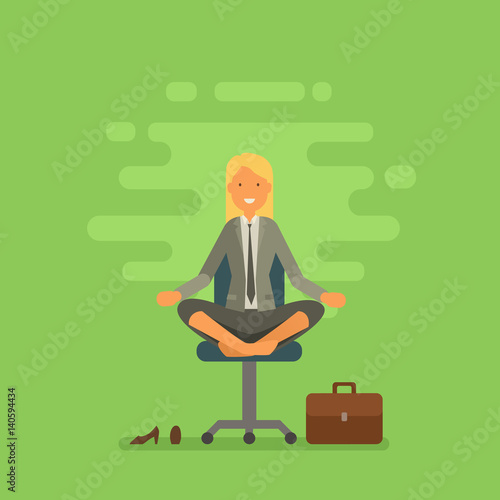 Vector illustration of business woman sitting in lotus pose. Meditating office worker on greenery trendy color 2017 background. Corporate yoga illustration in flat vector style.