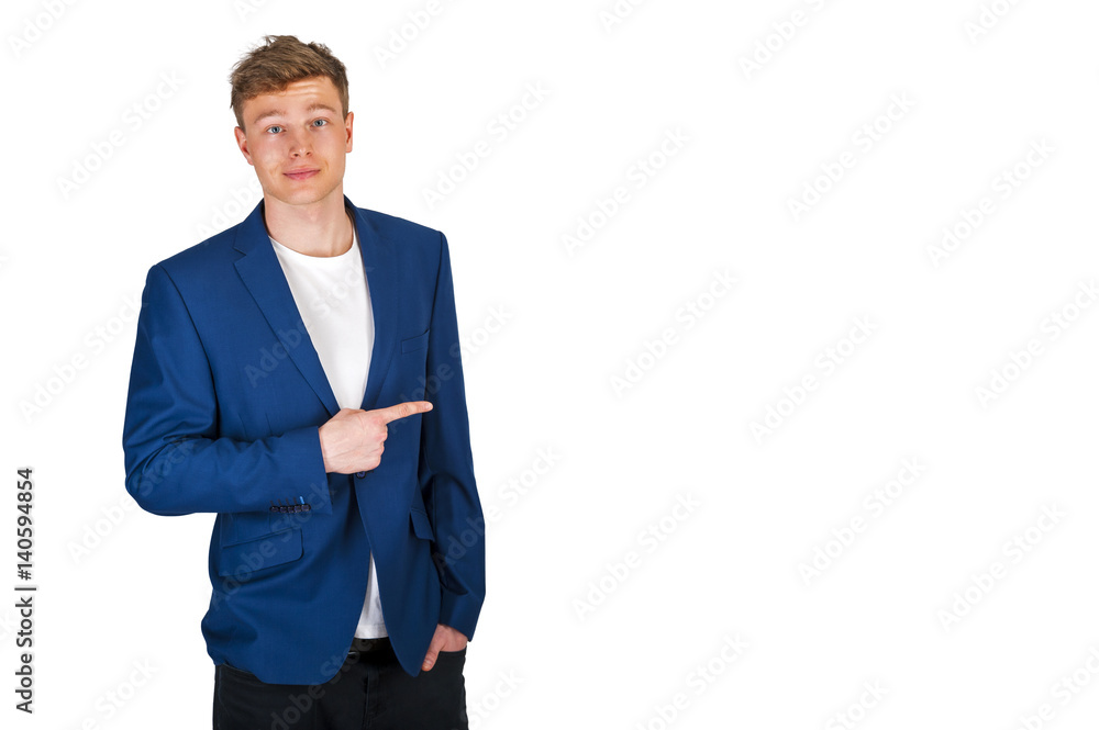 Man pointing aside over white background with blue jacket. Man pointing aside over white background with blue jacket.