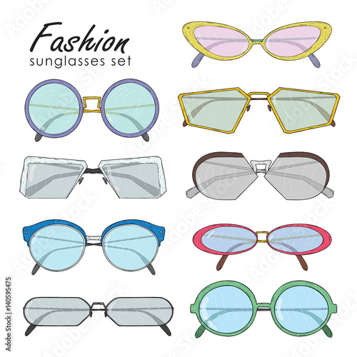 hand drawn fashion sunglasses set. realistic colorful glasses collection: vintage, modern and futuristic