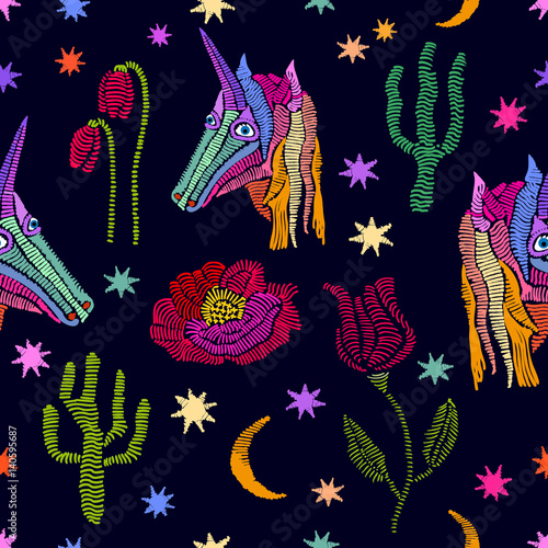 Embroidered unicorns in the sky.