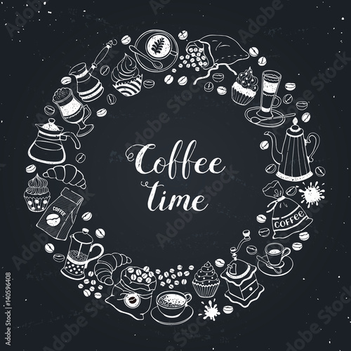 Coffee time poster concept. Invitation design. Hand drawn line art illustration with teapots, cups and sweets in circle shape.