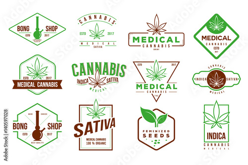 medical cannabis retro logo, label set template vector 