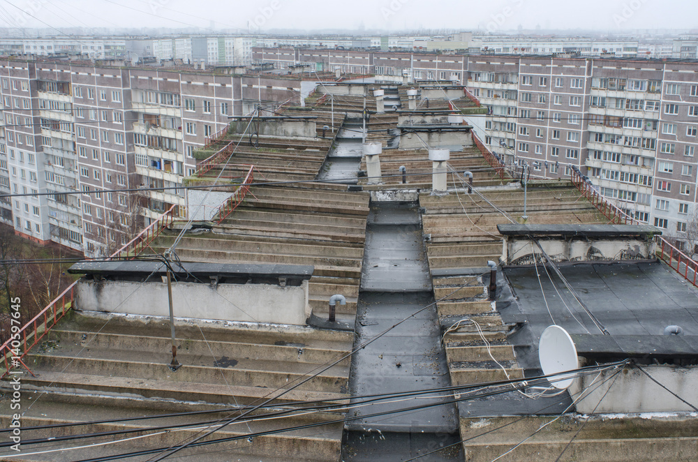 over the rooftops of Soviet era residential buildings in Riga, Latvia