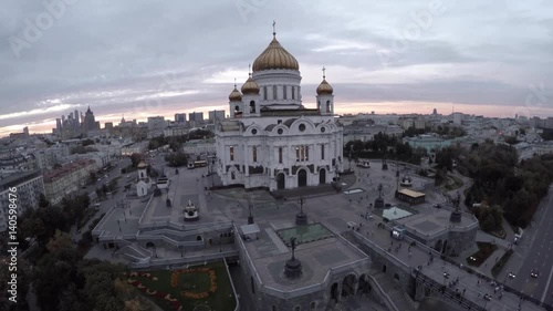 Aerial shot of grand building of Cathedral of Christ the Saviour. Famous Orthodox Christian church and Moscow view. Russia.