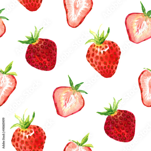 Fototapeta Naklejka Na Ścianę i Meble -  Strawberries and wild strawberries variety and cut slice, seamless pattern design hand painted watercolor illustration