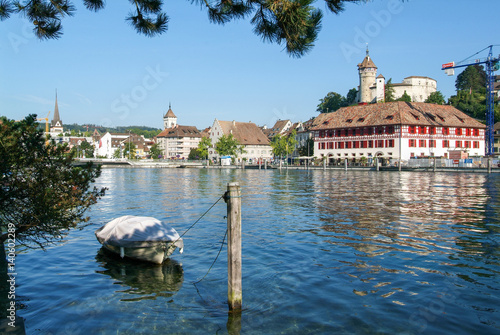The beautiful medieval town of Schaffhausen and the Rhine river