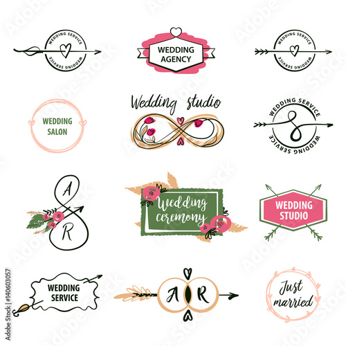 Set vector logo isolated on white background for greeting card, poster wedding agency, salon, reception. Image with floral, text wedding ceremony for happy valentine day, save date wedding invitation