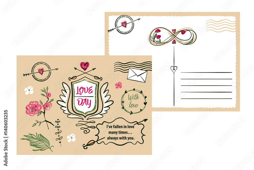 Obraz premium Freehand drawn typography postcard on color background. Stylish illustration with vector flower design for greeting cards, flyer, banner, poster, save the date card. Image shield, wing, text love day