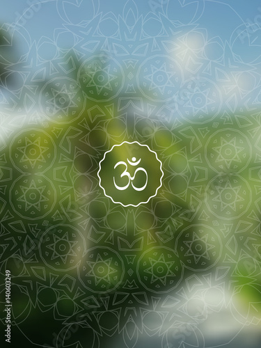 Tropical yoga banner with om symbol. Sacred geometry mandala on realistic tropic background. Sunny jungle. For yoga studio, tantra or meditation resort, flyer, invitation. Vector EPS10 illustration.