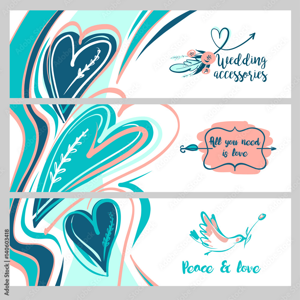 Freehand drawn web banner. Stylish illustration with vector flower design for greeting cards, valentines day, save date card. All you need is love. Image with bird and text peace. Wedding accessory. Freehand drawn web banner. Stylish illustration with vector flower design for greeting cards, valentines day, save date card. All you need is love. Image with bird and text peace. Wedding accessory.