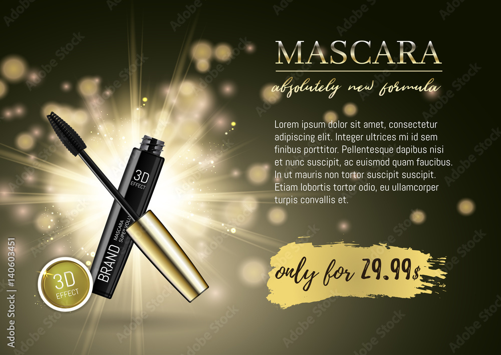 Luxury mascara ads, black and gold package with eyelash applicator brush with mascaras stroke palette on VIP shine glitter background. 3d realistic illustratrion. vector de Stock | Adobe Stock