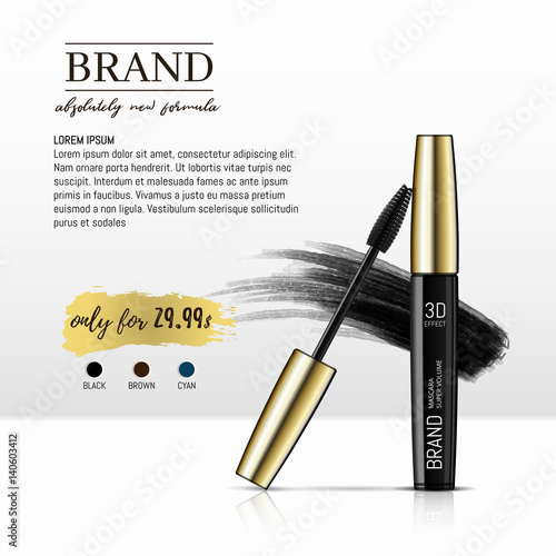 Luxury mascara ads, black and gold package with eyelash applicat