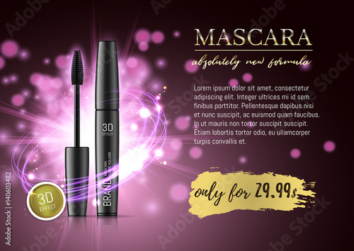 Luxury mascara ads, black and purple package with eyelash applicator brush with mascaras stroke on VIP shine glitter background. Vector 3d realistic illustratrion.