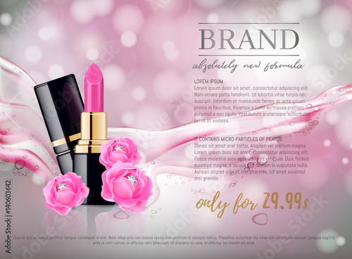 Glamorous lipsticks ads, elegant pink lipstick for makeup, pink texture on the background, 3d illustration with diamond roses 