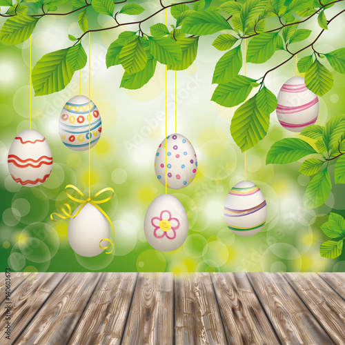 Wooden Ground Hanging Easter Eggs Green Nature
