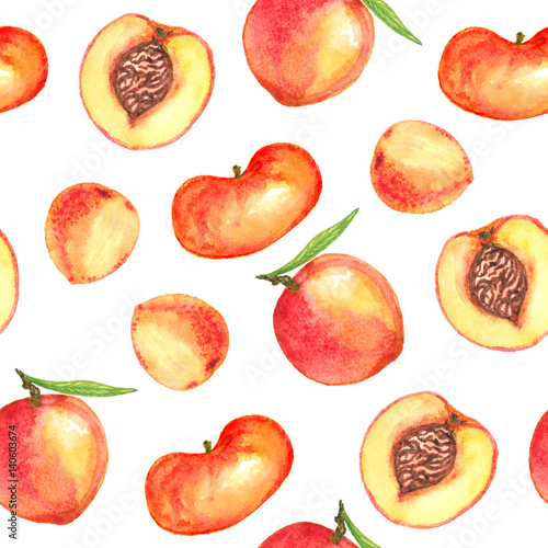 Peaches variety with leaves and cut slices with pit, seamless pattern design hand painted watercolor illustration