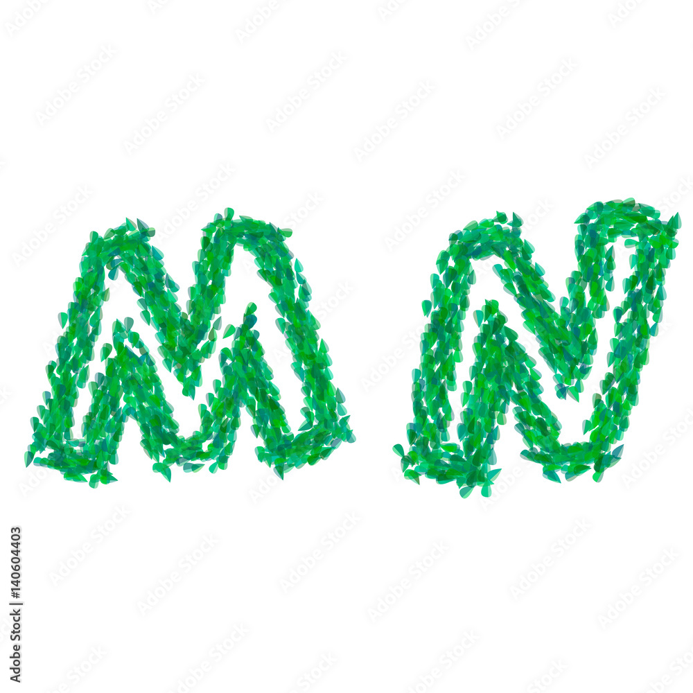 English alphabet made with green leaves, summer theme, letters M N