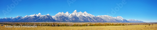 Panoramic picture of the Grand Teton Mountain Range in autumn  Wyoming  USA