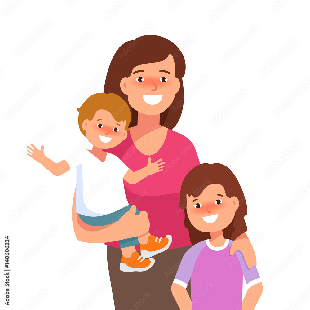Vector flat illustration of happy family young mother with her children stand together isolated on white background Vector flat illustration of happy family young mother with her children stand together isolated on white background