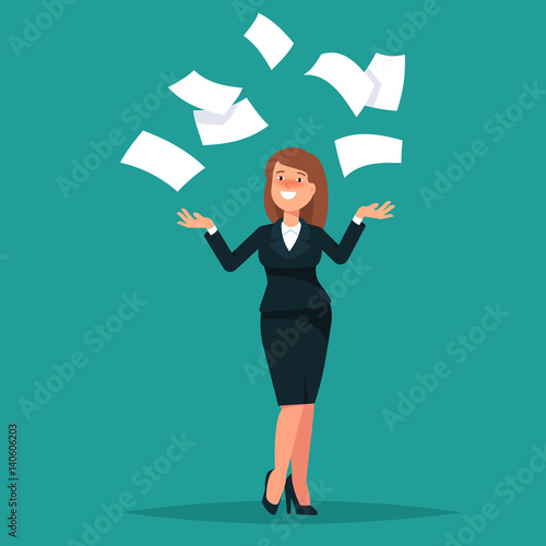 Vector illustration of happy businesswoman celebrates success throws in the air of office paper on blue background. Concept of success, achievement flat style