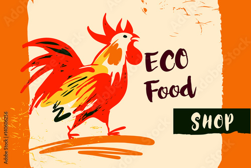 Hand drawn image with fire rooster. Concept design for eco food shop