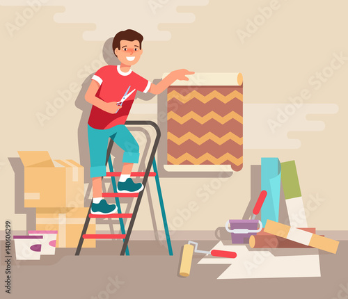 Young man standing on a stepladder glues wallpaper roll in his room at home. Concept design repair and construction of new housing. Vector illustration in flat style..