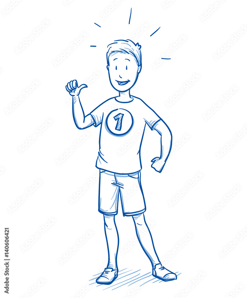 Happy young boy looking proud as a winner with number 1 on his shirt. Hand drawn cartoon doodle vector illustration.