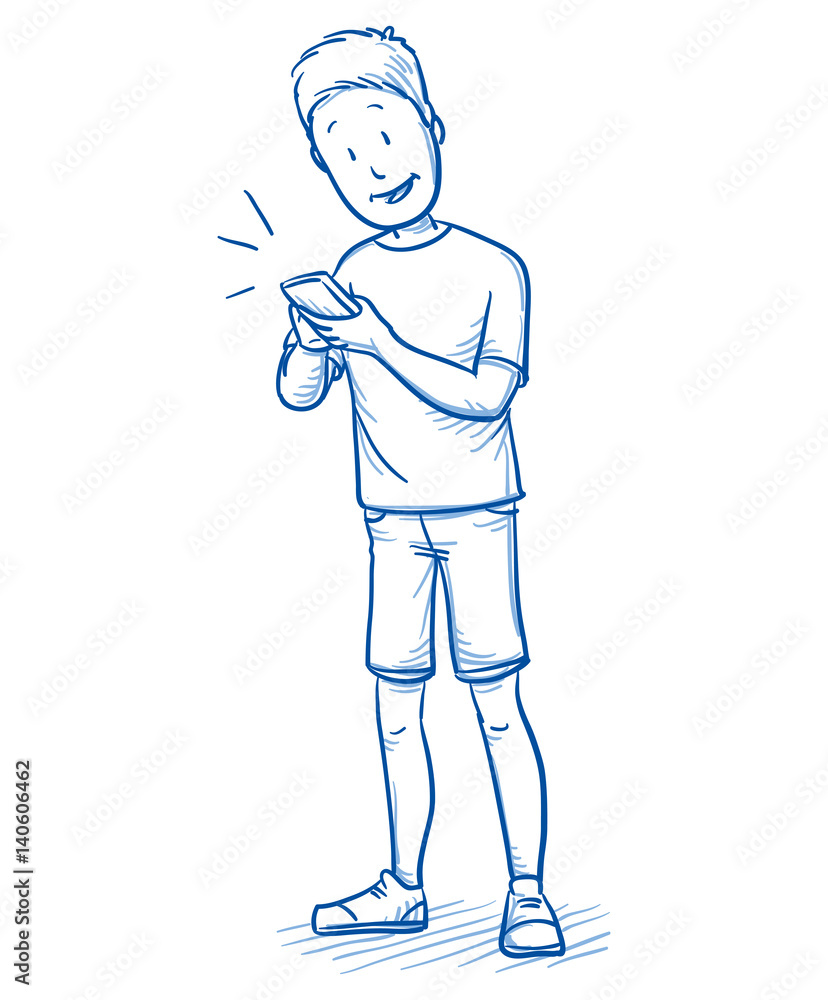Happy young boy using his smart phone. Hand drawn cartoon doodle vector illustration. Happy young boy using his smart phone. Hand drawn cartoon doodle vector illustration.