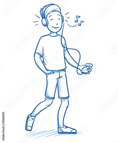Happy young boy listening to music on his smart phone. Hand drawn cartoon doodle vector illustration.