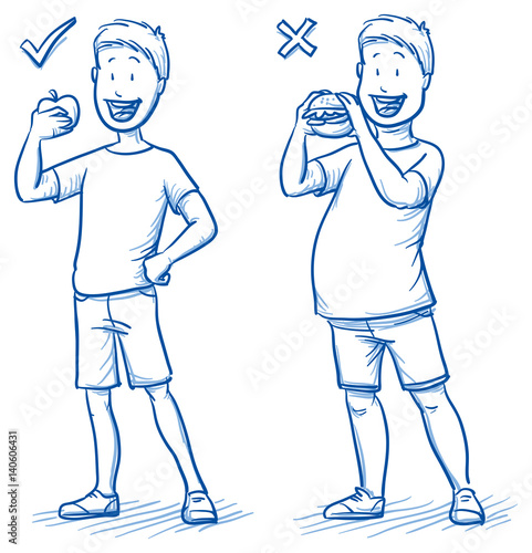 Two versions of happy young boy, a slim one eating an apple and a corpulent one eating a burger. Hand drawn cartoon doodle vector illustration.