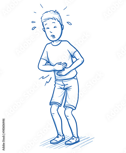Young boy holding his stomach in pain. Hand drawn cartoon doodle vector illustration.