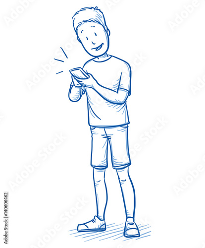 Happy young boy using his smart phone. Hand drawn cartoon doodle vector illustration.