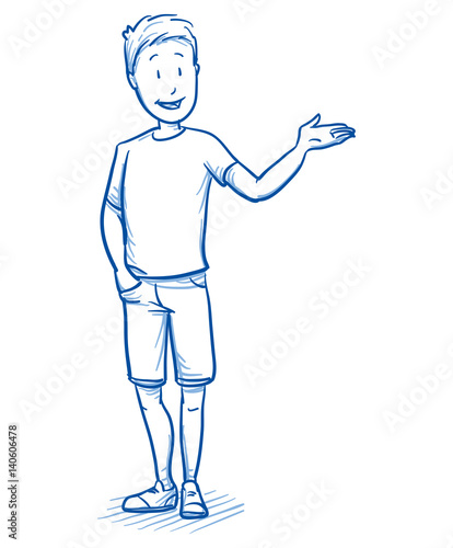 Happy young boy holding hand up / raised as if presenting something. Hand drawn cartoon doodle vector illustration.