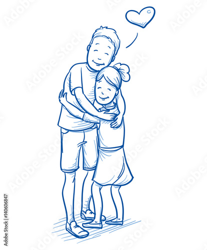 Happy young boy hugging his younger sister, love between brothers and sisters. Hand drawn cartoon doodle vector illustration.