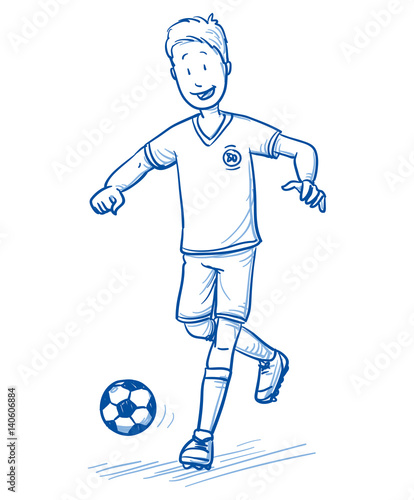 Happy young boy running and playing soccer. Hand drawn cartoon doodle vector illustration.