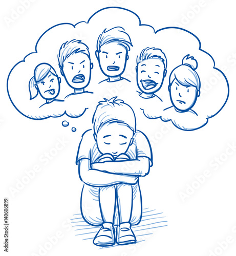 Sad young boy sitting in huddled on the floor, with thought bubble of bullying kinds. Hand drawn cartoon doodle vector illustration.