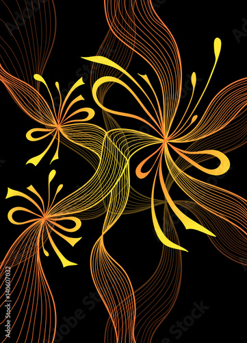 Beautiful  abstract background with lace flower bows gold orange on black