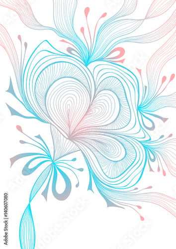 Beautiful light abstract background with lace flower bows blue pink on white