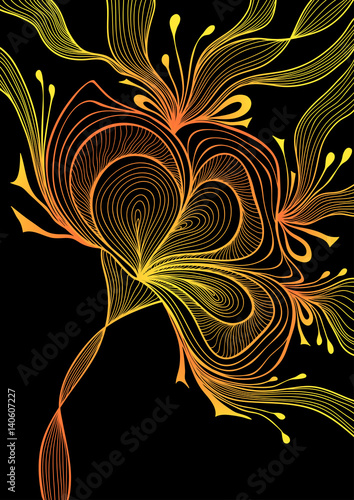 Beautiful  abstract background with lace flower bows gold orange on black