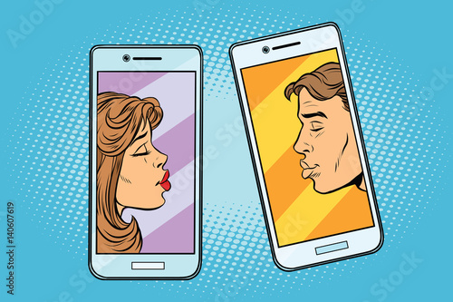Retro boy and girl want to kiss via a smartphone