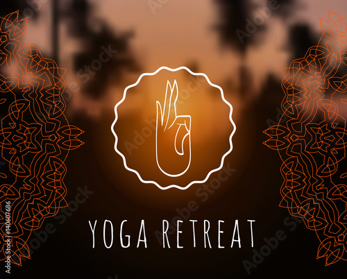 Floral mandala on sunset tropic blurred background. Yoga symbol. Sacred geometry. For yoga studio, tantra or meditation classes and retreat. Banner, flyer, invitation. Vector EPS10 illustration.