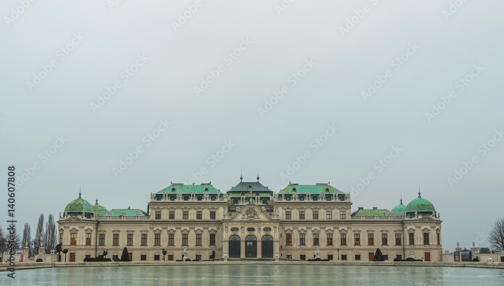 Belvedere Palace in Vienna on a gloomy winter day with frozen fountain