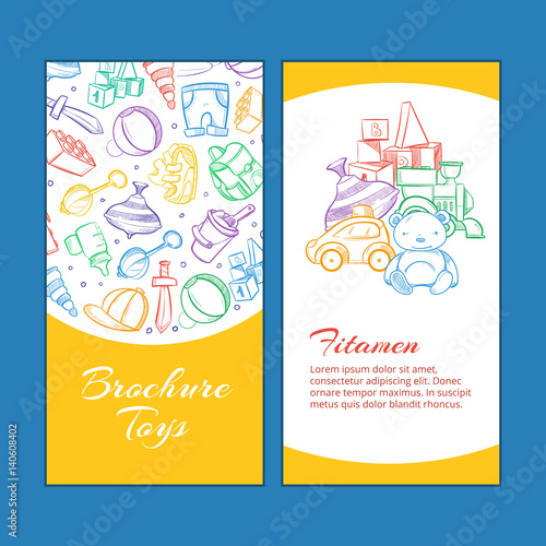 Vector children brochure pages with doodle kids toys. © MicroOne