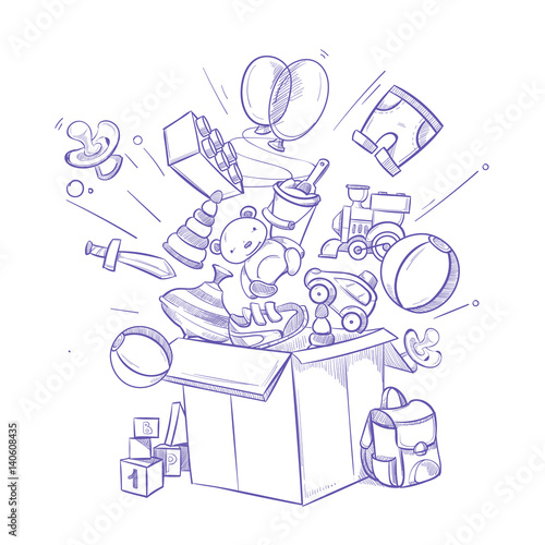 Doodle shopping box with lot of childrens toy and purchases. hand drawn vector illustration
