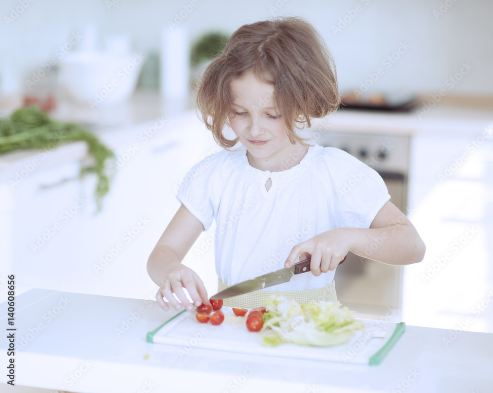 Young girl chopping tomatoes and making a salad in the kitchen Young girl chopping tomatoes and making a salad in the kitchen